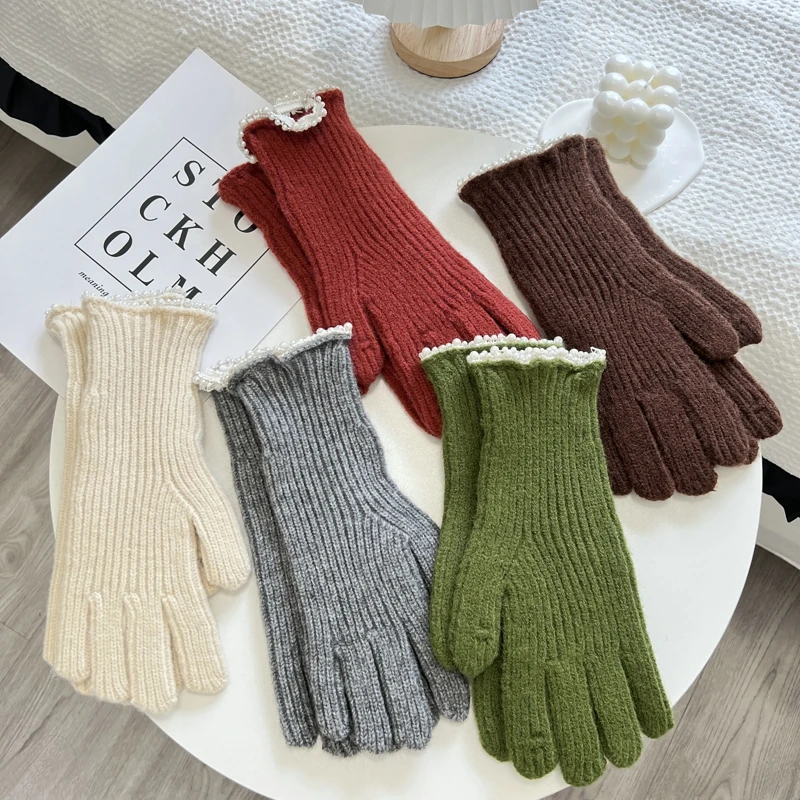 Winter Women Pearl Decoration Knitted Gloves Autumn Hand Warmer Thicken Lining Full Fingered Mittens Skiing Gloves For Women