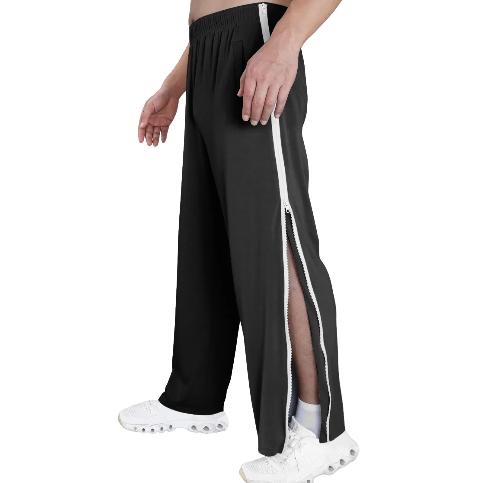 Men's Casual Sports Cotton Basketball Pants Two Button Side Zipper Fully Cut Out Pants With Pocket Elastic Waist Loose Trousers