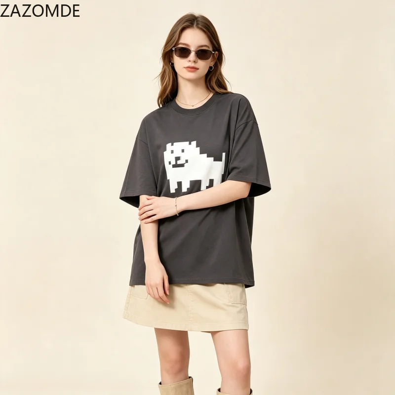 ZAZOMDE Harajuku Hip Hop T-shirt Funny Pixel Puppy Front Print Crew Neck Short Sleeve Oversized Loose Couple Fashion Shirts
