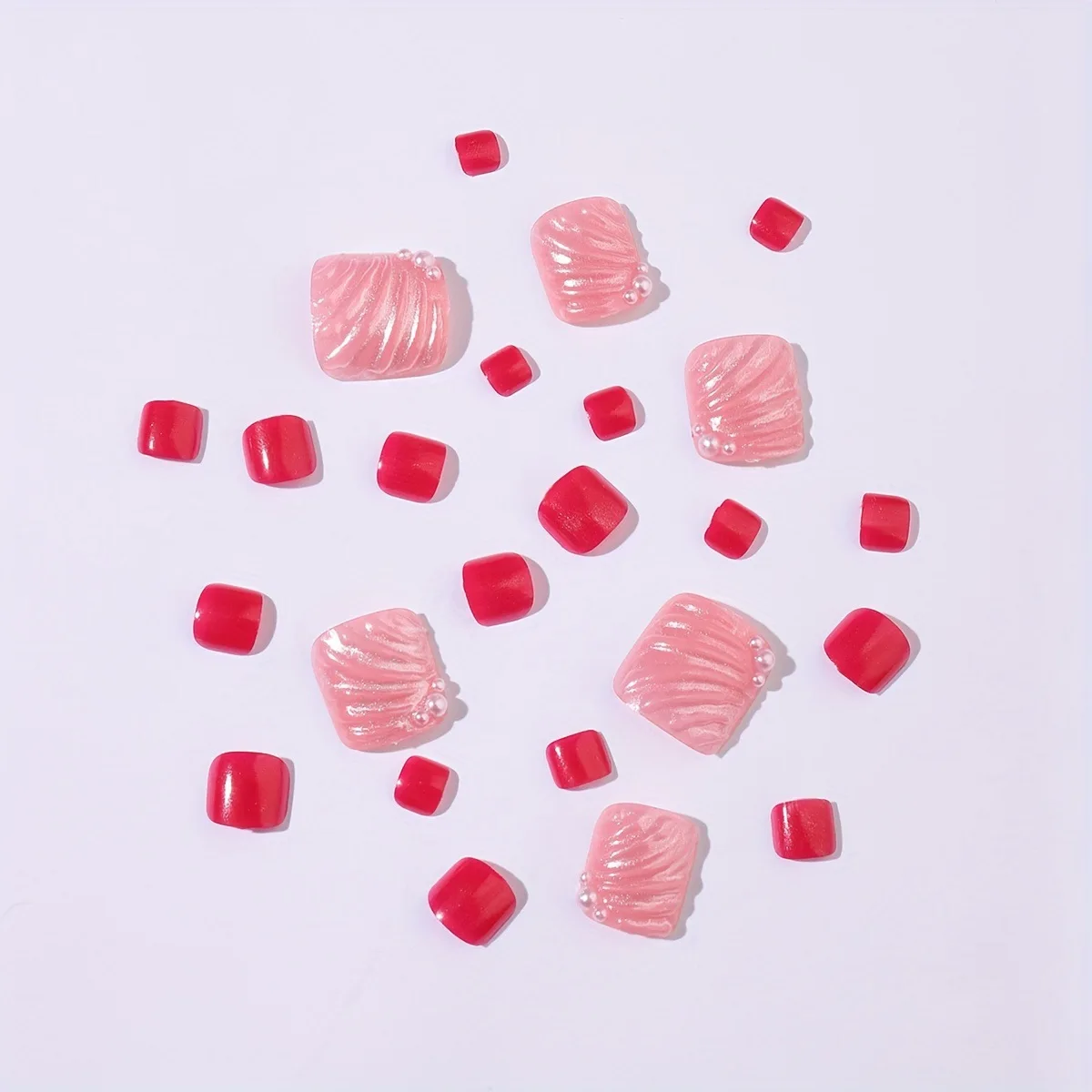 24 stks Rose Roze Fale Teennagels 3D Shell Parel Decor Vierkante Druk op Teennagels voor Lady Valentijnsdag Wearable Valse Teennagels