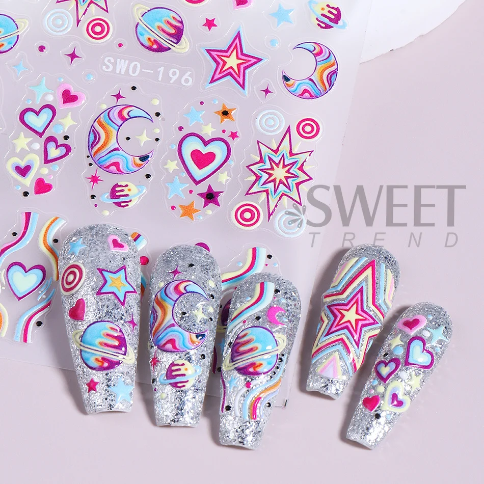 2 Stück Y2K Bunte Planeten-Stern-Herz-Nagelaufkleber Regenbogen-Mond-Galaxie Selbstklebende Nagelsticker DIY Maniküre-Dekoration Slider – Detail 5