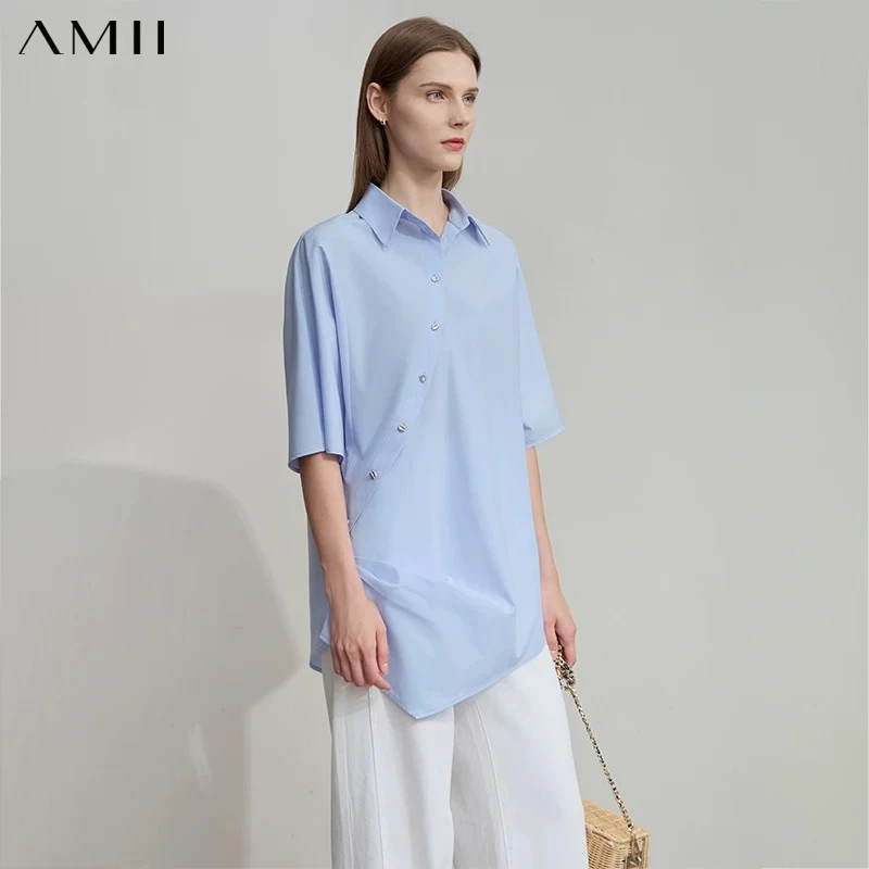 AMII Office Lady Summer New Shirts Women 2026 Short Batwing Sleeve Turn-down Collar Oblique Lapel Blouse Female Fashion 12542131