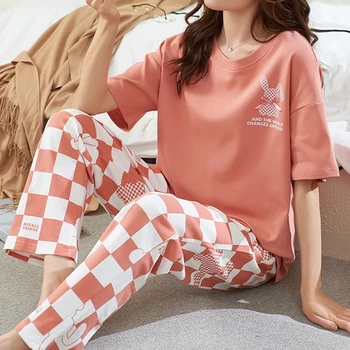 ผ้าฝ้ายชุดนอนสตรีชุดยาวกางเกงสตรีชุดนอนสุภาพสตรี Elegant Lattice พิมพ์ชุดนอนหญิง Homewaer ชุด