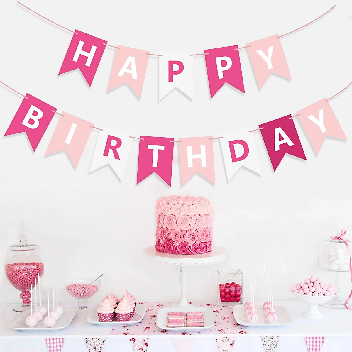 Feliz cumpleaños, pancarta de cola de pez rosa y blanca, Fondo de bandera, decoración de fiesta, pancarta colgante, fondo de fotografía