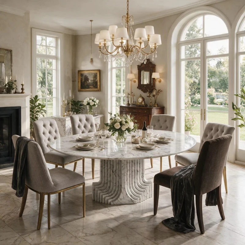 Marble oval dining table with carved layered base for home furniture, residential and commercial spaces