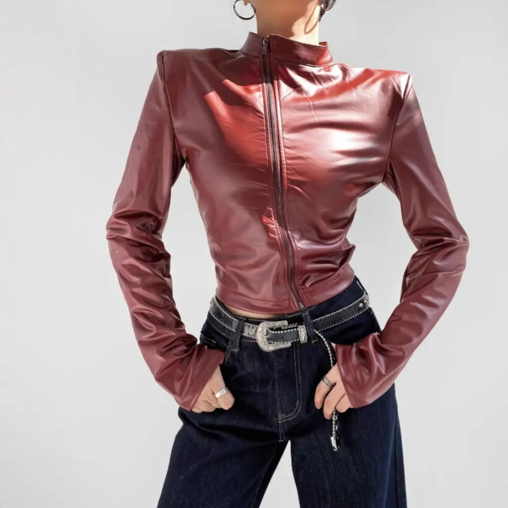 スパイスガールスタイルPUレザージャケット女性用斜めジッパースペシャルエージェントデザインスリムフィット縦襟秋新作