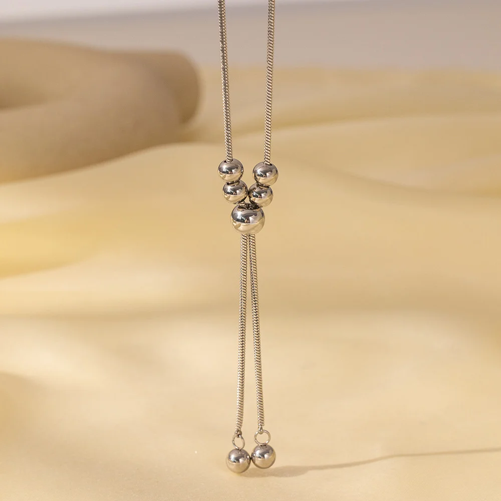 Edelstahl-Halskette mit ausziehbaren runden Perlen und hochwertiger Quaste, verstellbare lange Pulloverkette, Nischen-Accessoire mit Eleganz, Geschenk – Detail 5