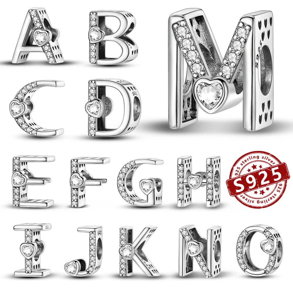 

925 Sterling Silver 26 Letters Charms A-Z Fashion Beads Fit Original Diy Snake Bone Bracelet Keychain for Women Jewelry Making