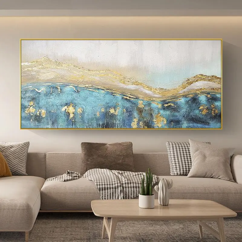 Contemporary Oversized Abstract Wall Art Handmade Brush Stroke Blue Golden Waves Coastal Art Heavy Textured oil Painting Decor