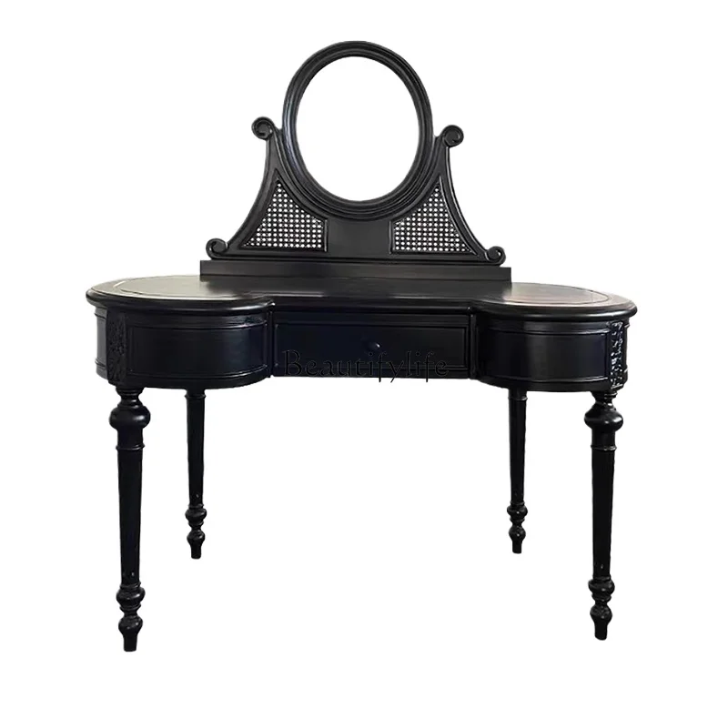 

04*Medieval French retro solid wood dresser rattan bedroom furniture black
