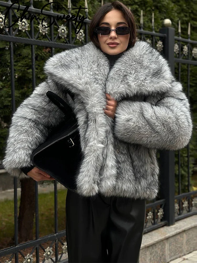 Damski płaszcz ze sztucznego futra, ciepły, luźny, z długim rękawem, klapy, otwarty, gruby, jesienno-zimowy, nowy model 2025.
