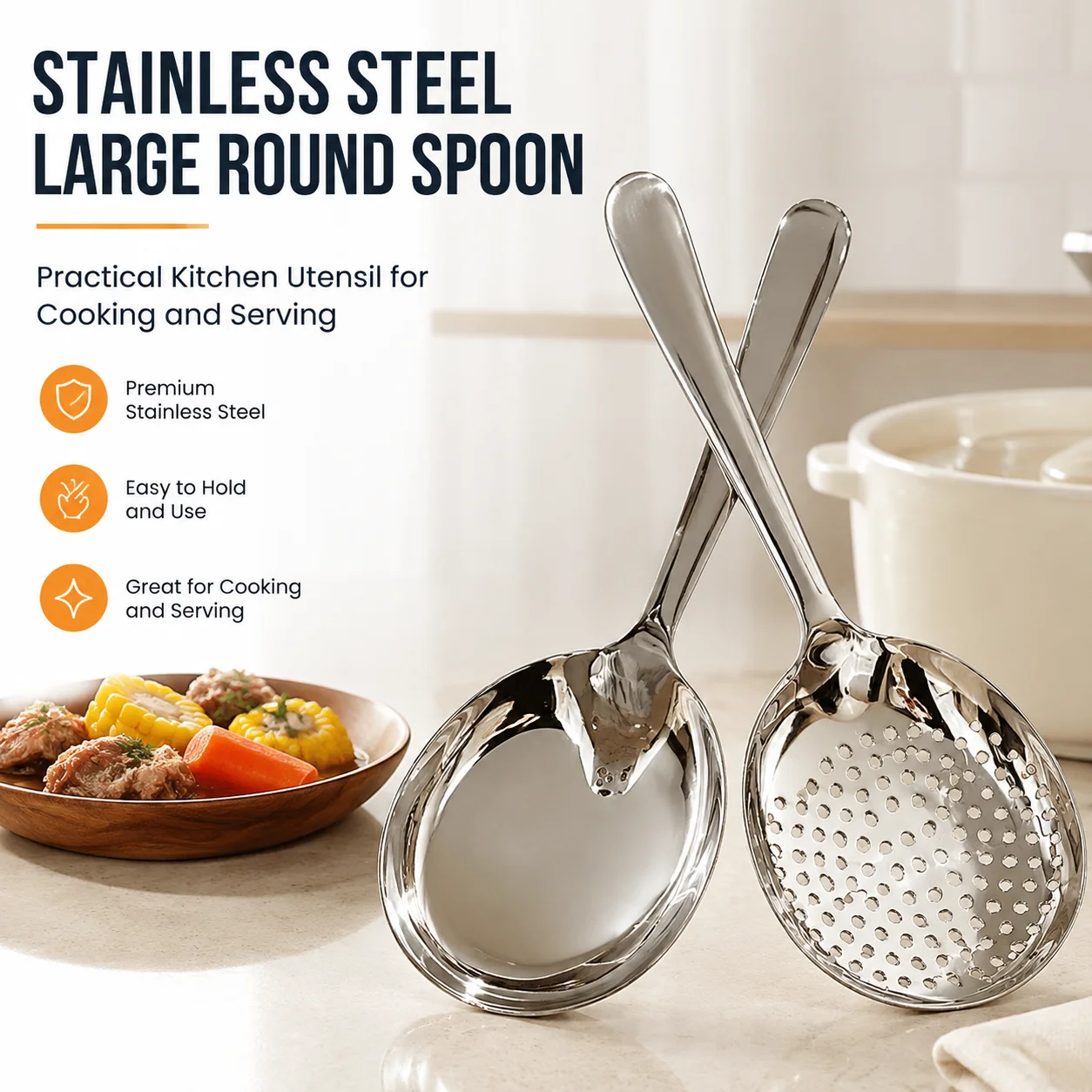 Stainless Steel Large Round Spoon - Practical Kitchen Utensil for Cooking and Serving, Easy to Use