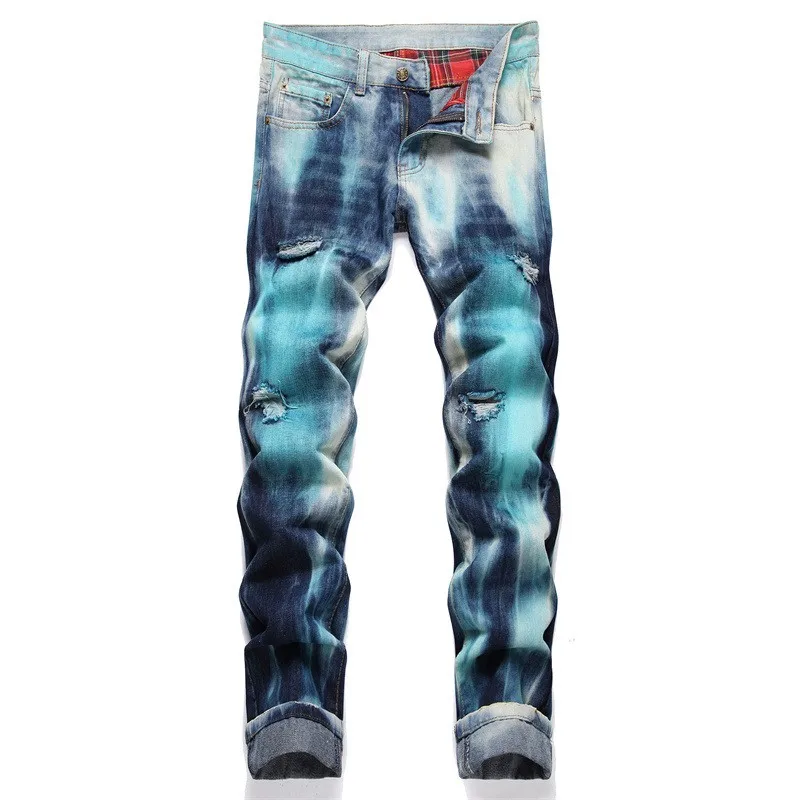 

Motorcycle Biker Paintings Tie Dyed Ripped Jeans For Men High Street Trend Elastic Straight Slim Long Denim Jeans