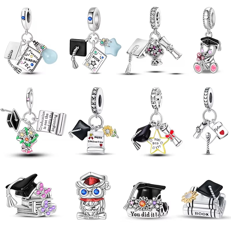 100% Sterling Silber Abschluss Blumen Bachelor Hut leuchtende Sterne Charms Perlen passen Qikaola Original Armband DIY Schmuck