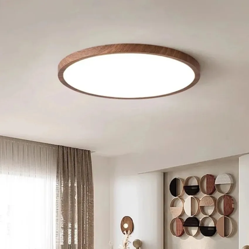 Ultra Thin LED Ceiling Light Circular Walnut Wood Decorative Light Living Room Bedroom Study Balcony Indoor Lighting Fixtures