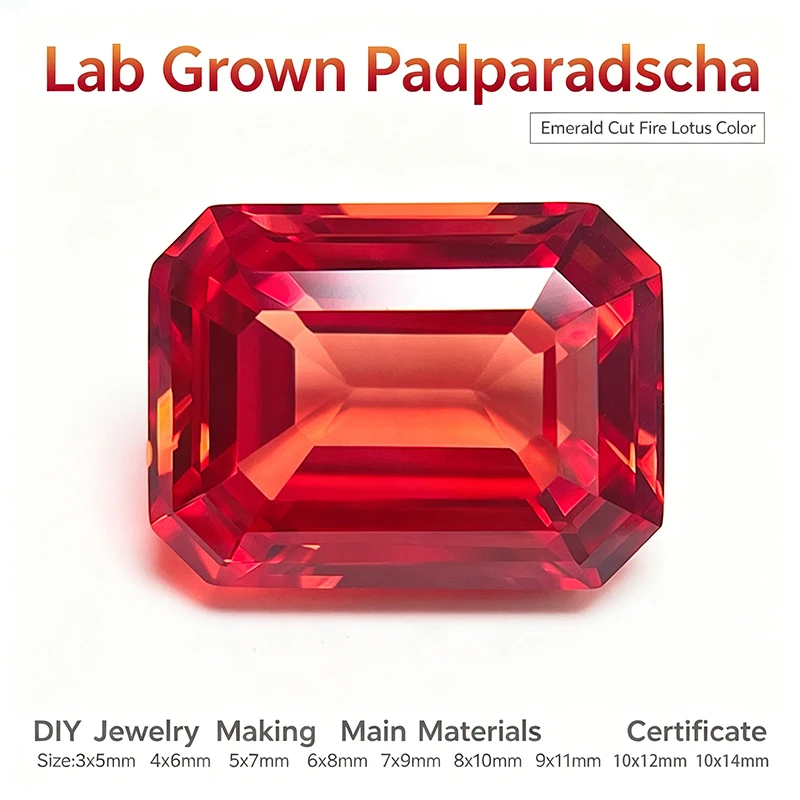 Lab Grown Padparadscha Emerald Cut Fire Lotus Color High Quality Loose Gemstone For Jewelry Making Selectable Certificate