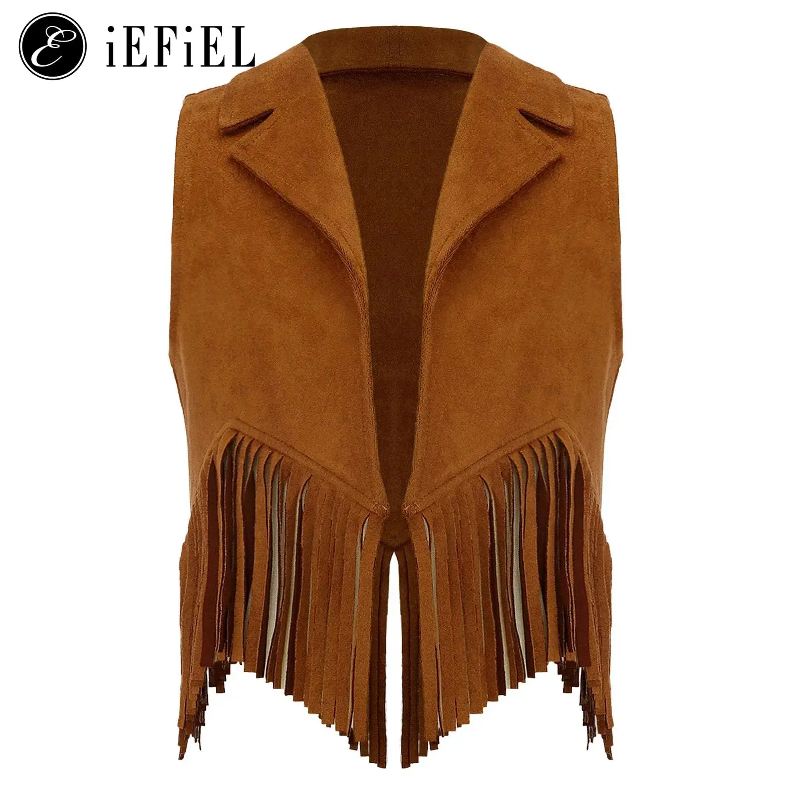 

Child Cowgirls Cowboys Western Cosplay Costume Suede Fringe Open Front Waistcoat Halloween Role Play Party Vest Top