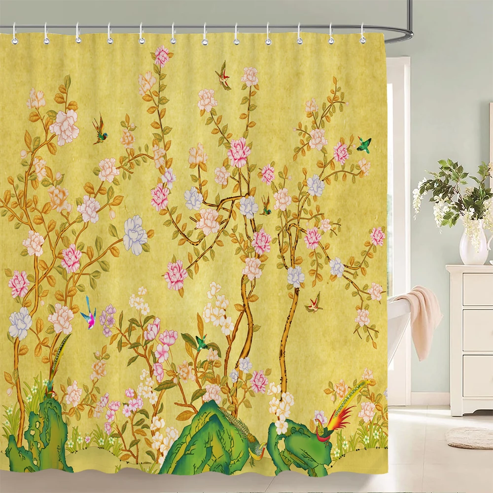 

Chinese style Flowers Birds Shower Curtains Printed Bath Curtains Bathroom Waterproof Fabric With 12 Hooks Home Decor Screen