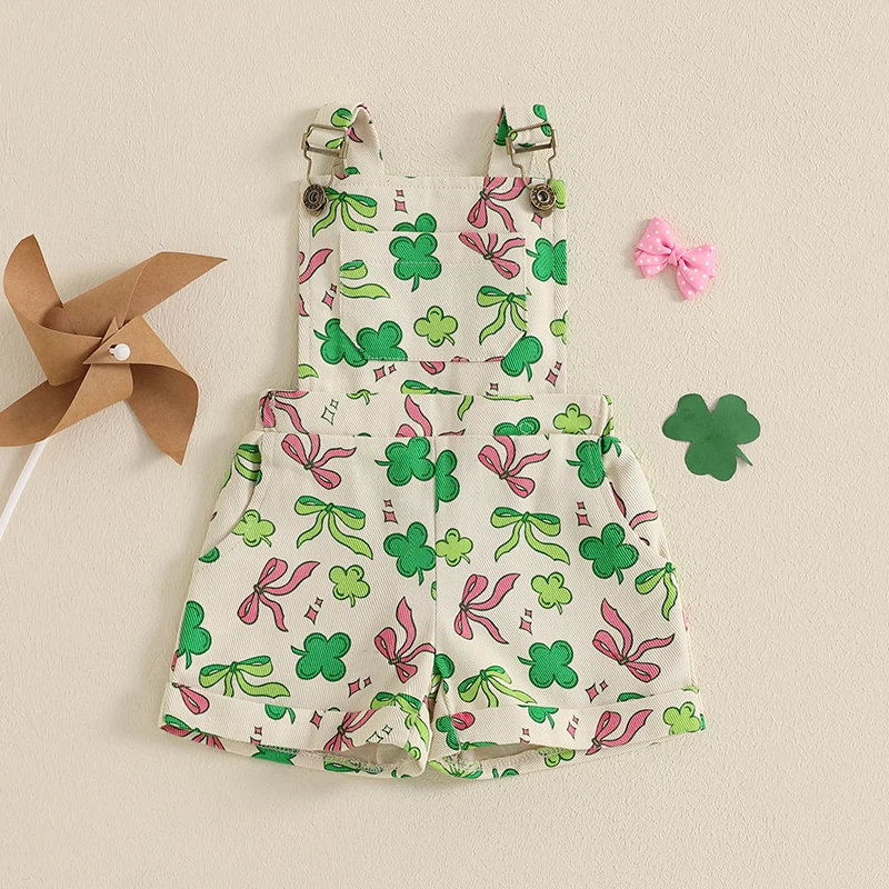 FOCUSNORM 0-6Y Little Kids Girls Overalls Shorts Sleeveless Square Neck Clover Bow Print Suspender Toddler Jumpsuit