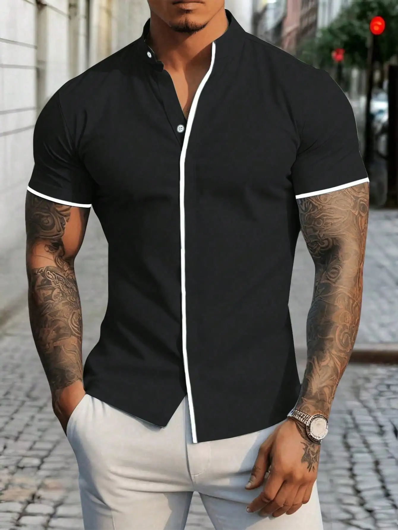 

Men's Black Short Sleeve Shirt with White Contrast Trim, Slim Fit Casual Style