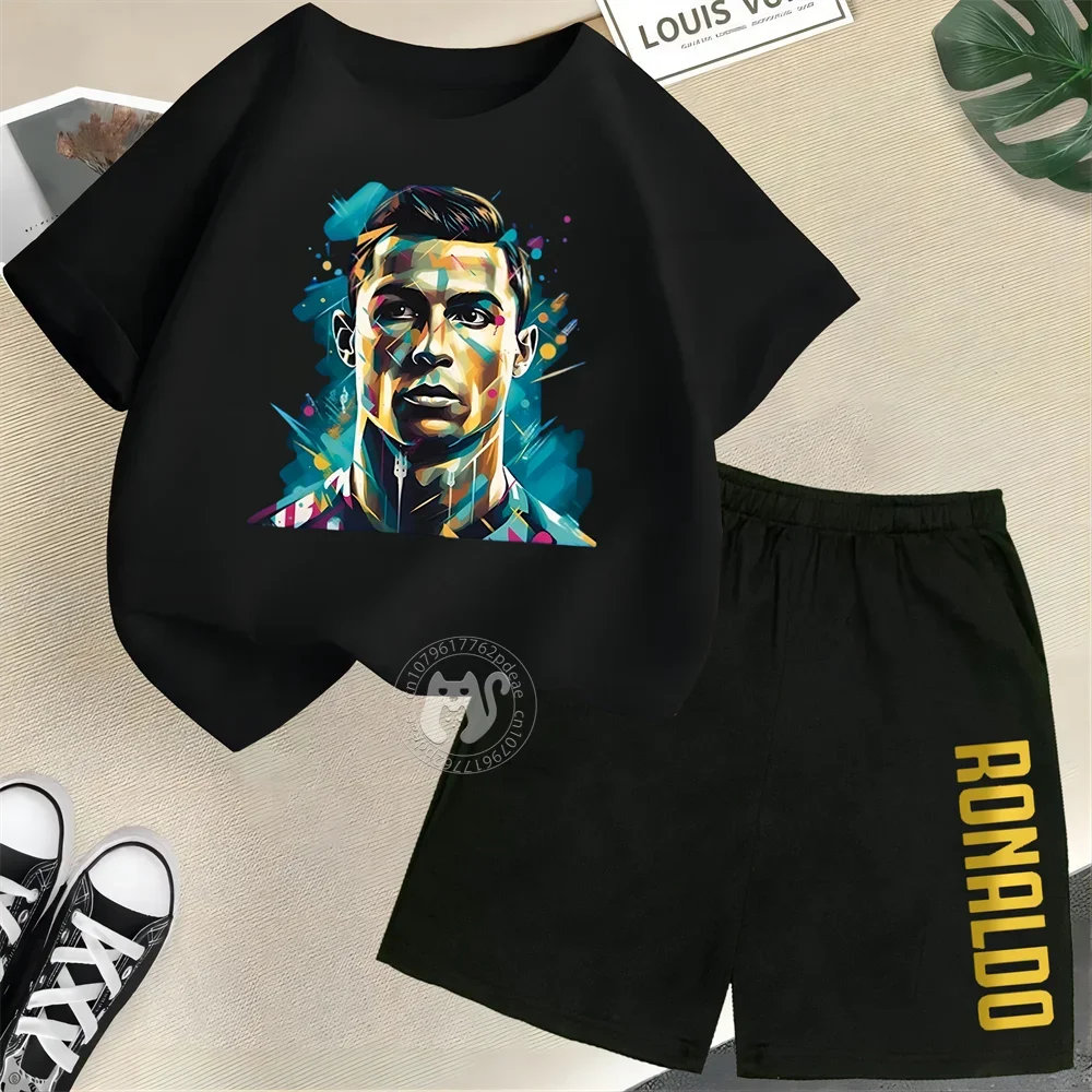 Kids Summer set 100% cotton short sleeve T-shirt + Shorts Soccer player Cristiano Ronaldo print Boys and girls outdoor sports se