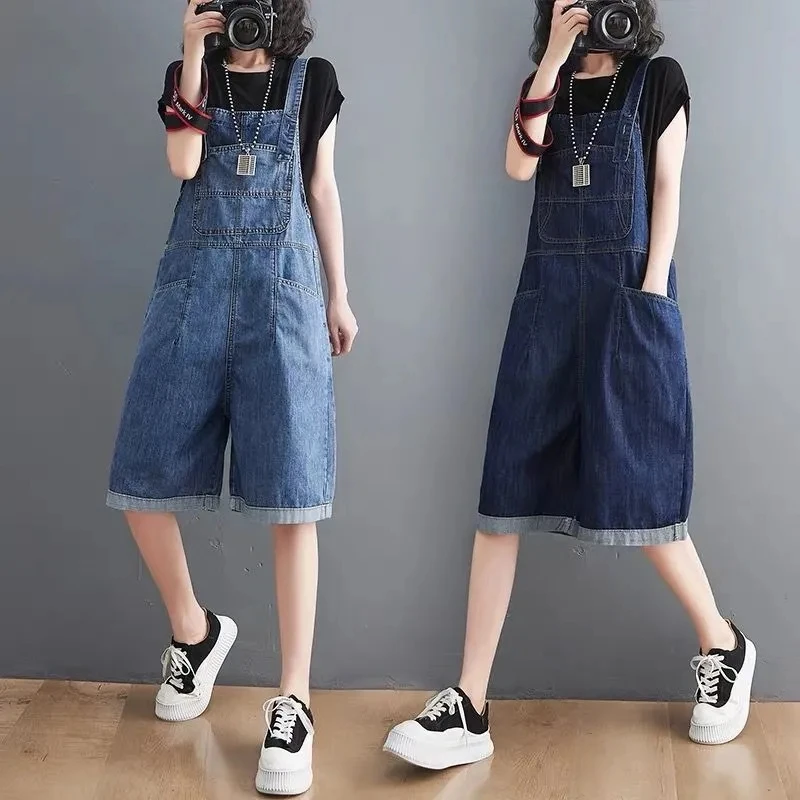 Celana pendek Denim musim panas, jumpsuit Romper kaki lebar kasual saku longgar wanita Korea, celana Suspender tanpa lengan