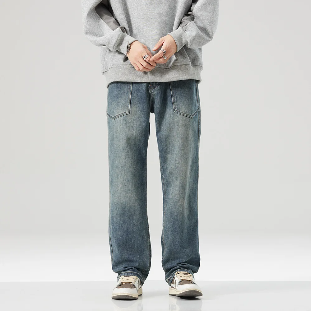 High quality long straight jeans for men big size stone wash cotton denim casual vintage loose trousers new 2024 clothing - blue