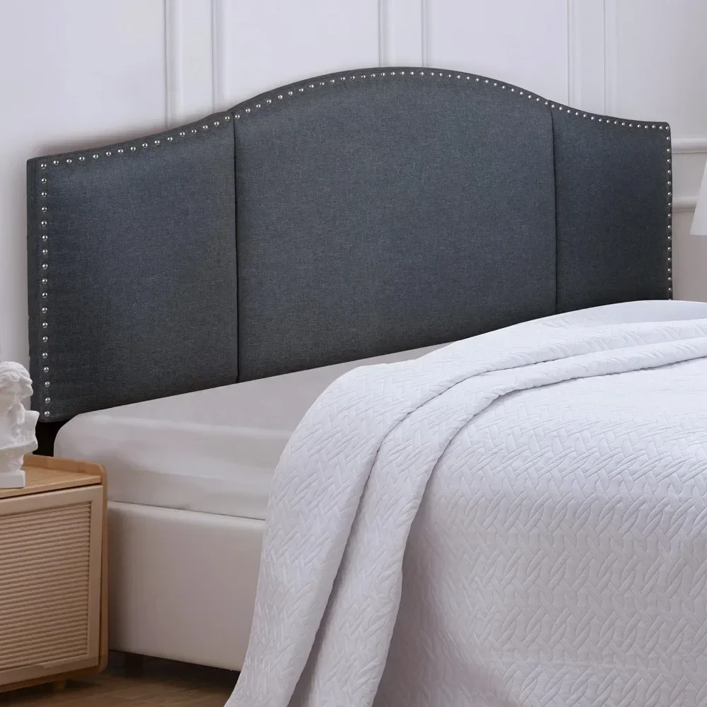 Linen Fabric  Headboard  Upholstered King Size with Nailheads Trim Platform, Adjustable Height Head Board