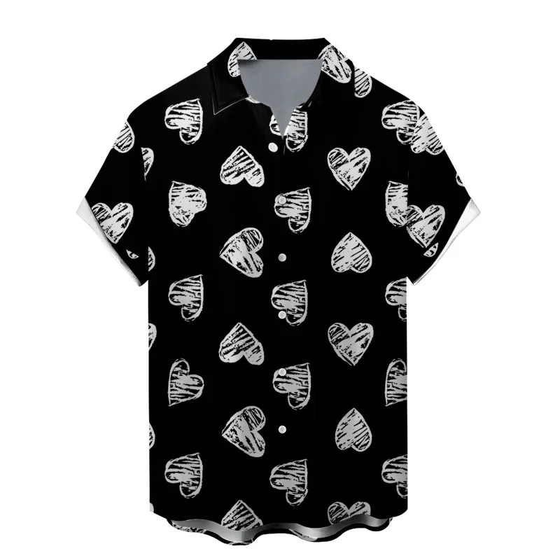 Hawaiian Shirt For Men Heart Graphic Short Sleeve Summer Loose Lapel Button Down Shirts Printed T-Shirt Oversized Men's Clothing