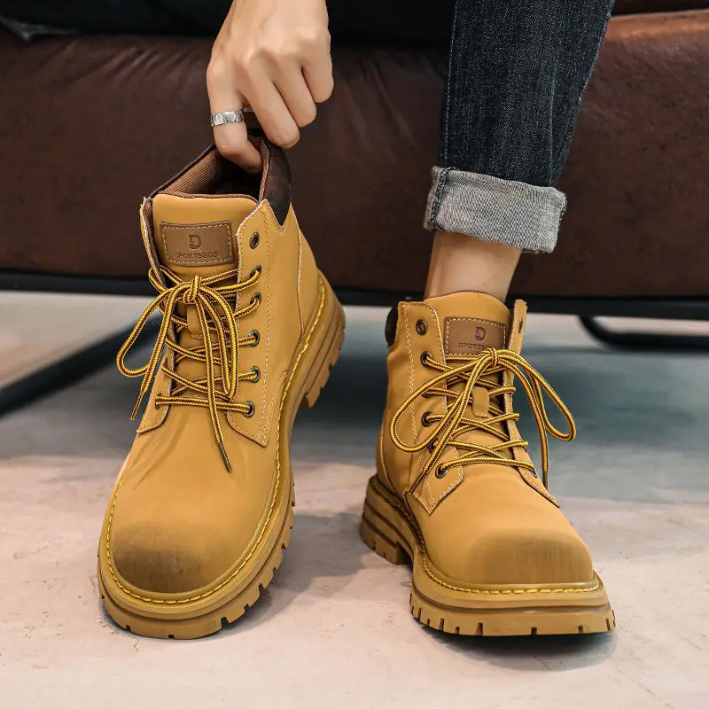 

Yellow Lace Up Platform Men's High Cut Boots Winter Warm Male Shoes Vintage Cheap New Fashion Original Deals Offers Short Barrel