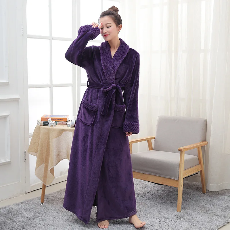 Winter Thick Nightgown Women\'s Solid Terry Long Sleeve Ladies Bathrobe Pockets Warm Flannel V Neck Loose Bath Robes for Couple