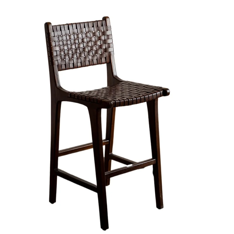 Bar high chair imported teak leather solid wood restaurant bar island chair