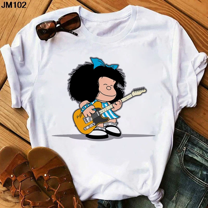 Mafalda Print Tshirt Women Summer Harajuku Casual Short Sleeve T-shirt Streetwear O-Neck White Tops Tee 90s Cartoon Lady T Shirt