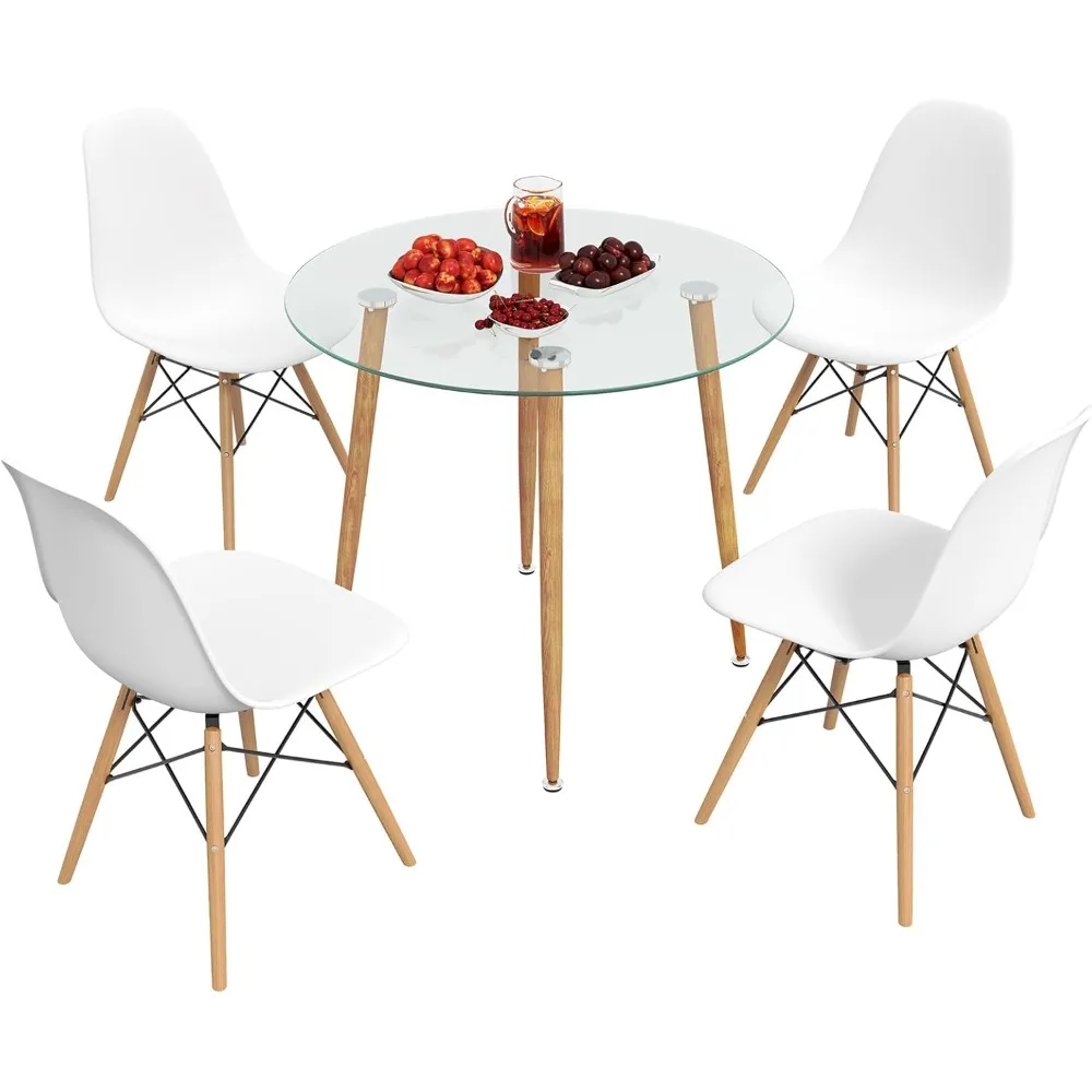 5-Piece Dining Table Set for 4, Kitchen Table Set with Seat, Solid Wood Legs, Metal Frames & Tempered Glass Tabletop, R