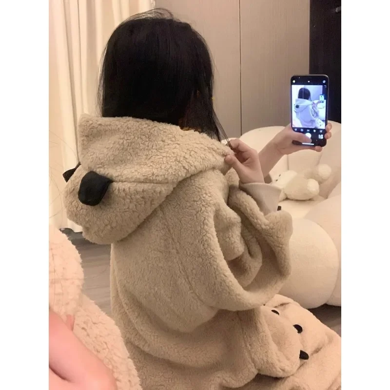 Night Gown Wintertime Warm and Cozy Soft Cute Teddy Bear Hooded Coral Fleece Pajamas Female New Style Thickening Type Loungewear