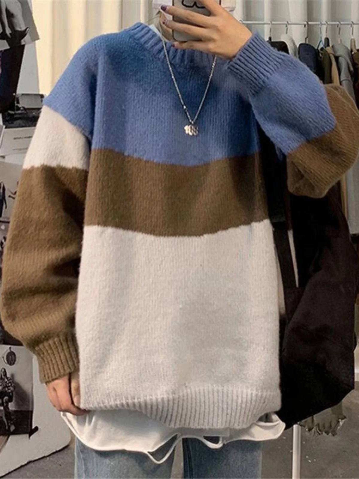 

Autumn Winter Men's Casual Knitted Sweater Loose Fit Versatile Korean Sle Trendy Patchwork Long Sve round Ne Outerwear