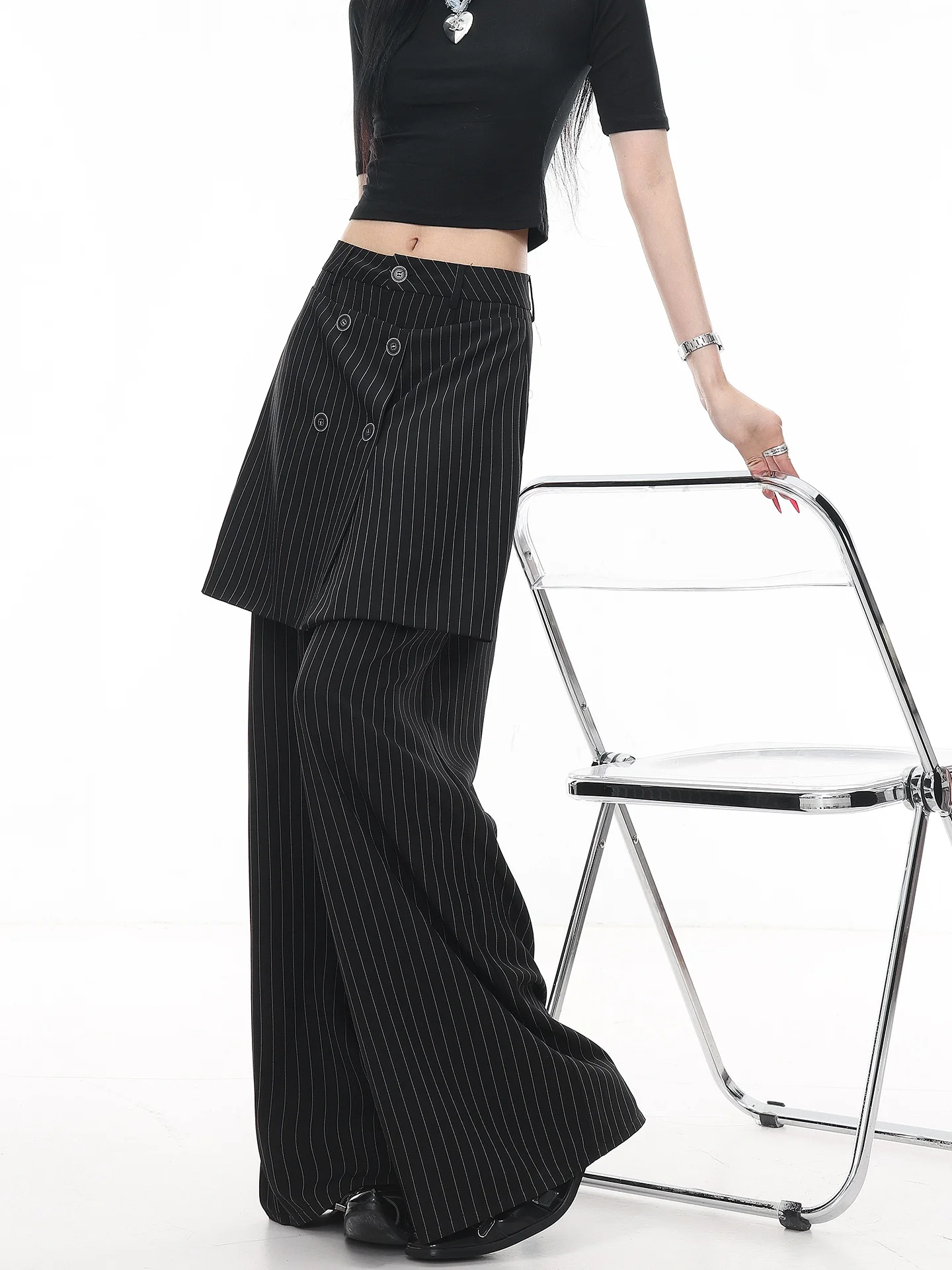 

Повседневные брюки в американском стиле, женские свободные драпированные брюки в полоску с прямыми штанинами длиной до пола, комплект из двух предметов KEN STUDIO