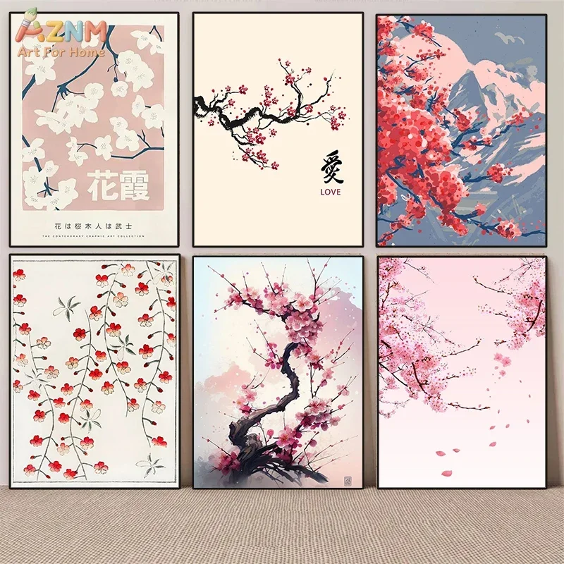 AZNM Japanese Cherry Blossom Canvas Wall Art Sakura Fuji Mountain Oriental Floral Print Unframed Canvas Painting Bedroom Home De