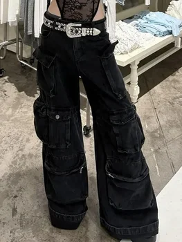 กางเกงยีนส์ลําลองอเมริกันล้างกางเกงยีนส์ทํางานหลายกระเป๋า Y2K Retro Women's Street สีดําขาตรงกางเกงขากว้างหลวม
