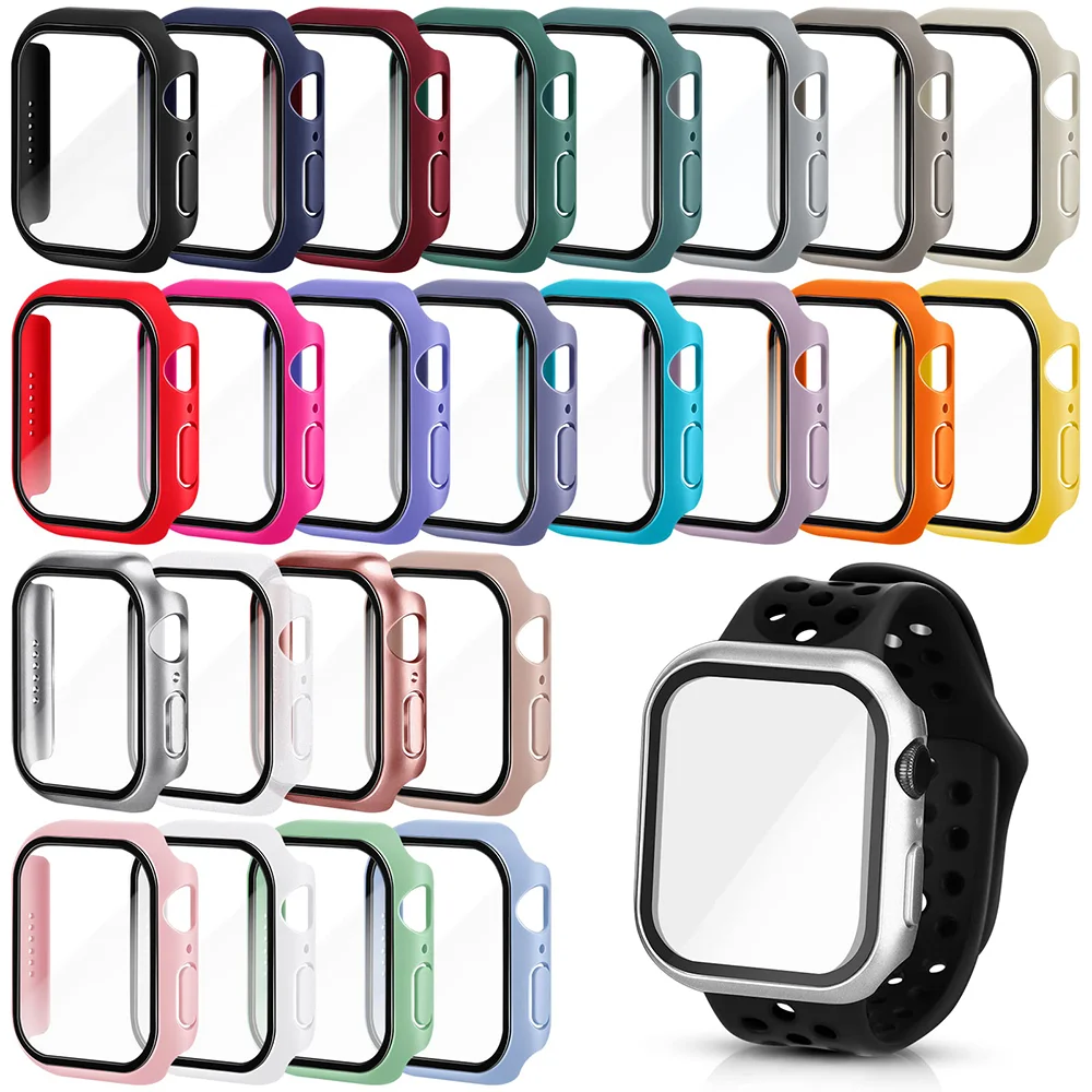 Tempered Glass+cover For Apple Watch 9 8 41mm 45mm 42mm 38mm PC bumper Screen Protector Case iWatch series 7 6 5 4 se 44mm 40mm