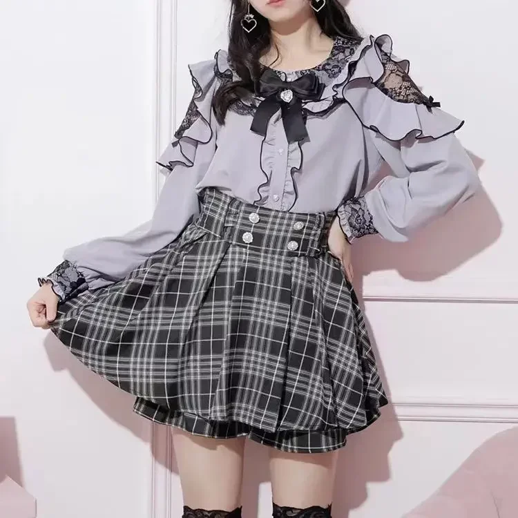 Patchwork Bow Shirt Women Kawaii JK Sweet Ruffled Tops Blusas Camisa Japanese Girl Lolita Long Sleeve Blouse Y2k Aesthetic Lace