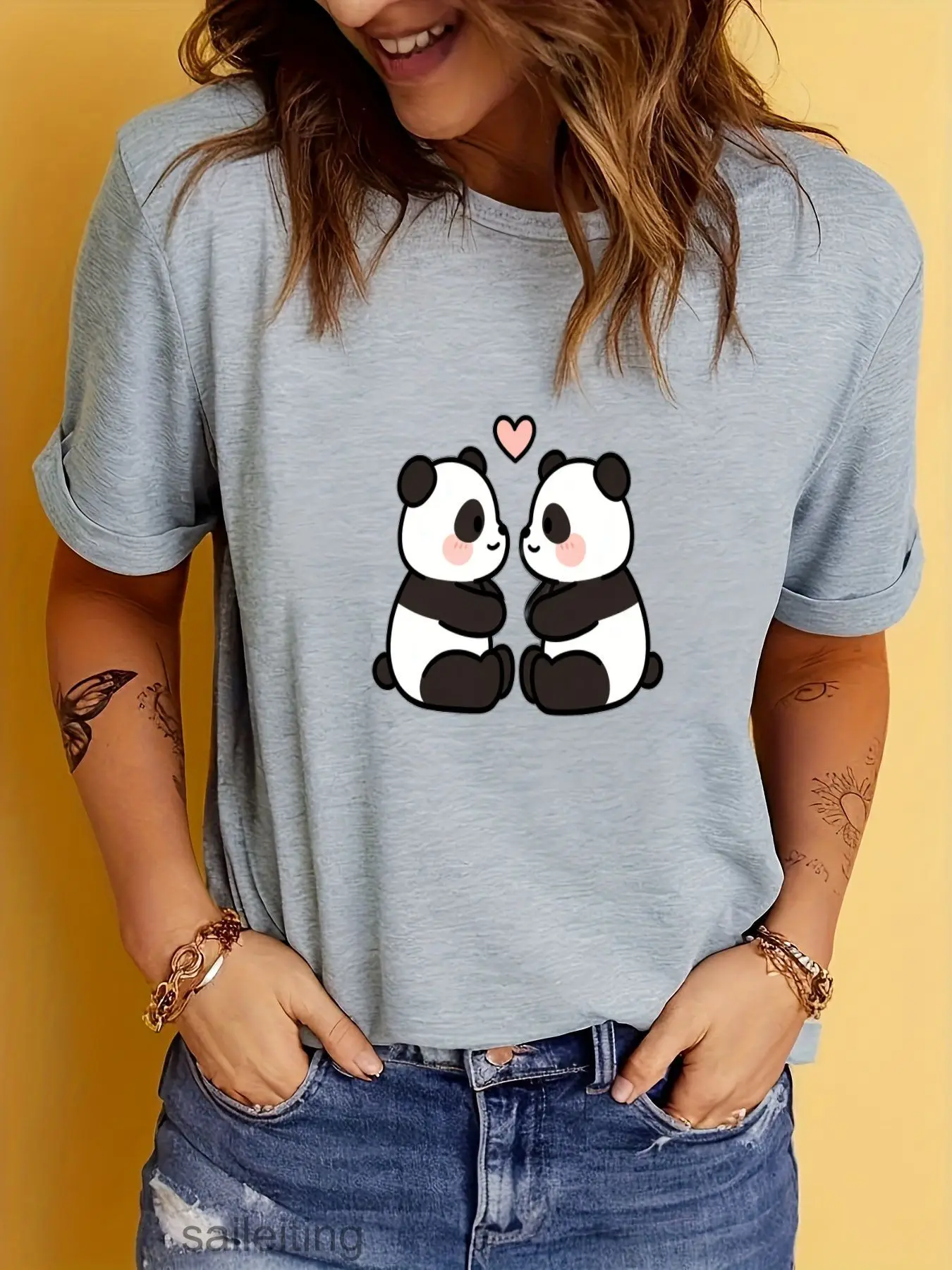 Cute Panda Couple T-Shirt for Women Men - Adorable Cartoon Print with Heart, Casual Short Sleeve Tee, Summer Breathable Top,
