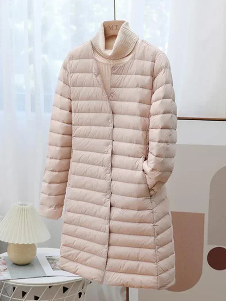 冬超軽量薄型ダックダウンコート女性春ロングスリム暖かいベーシックキルティングパファージャケット ED1957