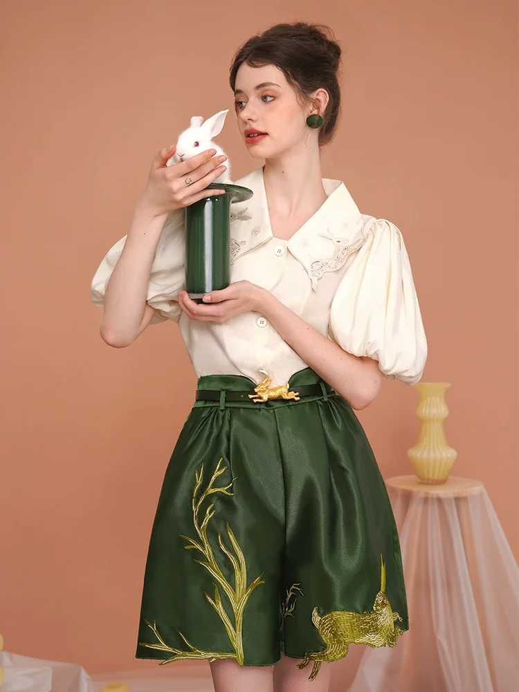 Spring Summer Original Design Women Vintage Hollow Out Running Bunny Rabbits Embroidered Collar Shirts/Blouses