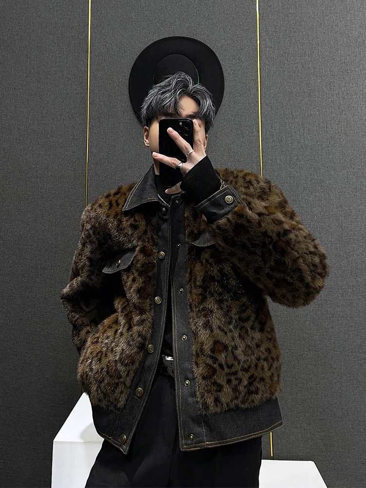 

Мужская зимняя куртка из овчины с леопардовым принтом, новая, винтажная, с джинсовыми вставками, толстая, теплая, молодежная, модная, осенне-зимняя