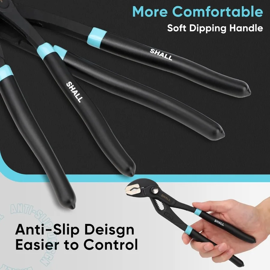 Juego de alicates para juntas de ranura de 3 piezas, 12 91, 2 y 7 pulgadas, con mecanismo PushLock en acero CrV para fontanería y reparación del hogar de ajuste rápido