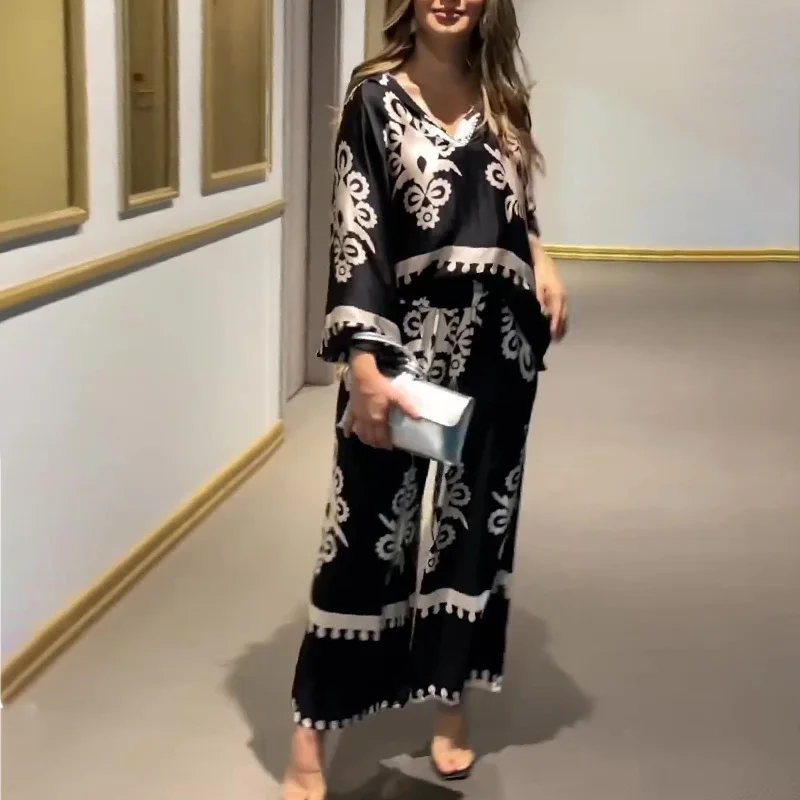 

Ladies Fashion V-Neck Long Sleeve Blouse&Wide Leg Pants Set Elegant Two Piece Pattern Print Office Outfits 2025 Women's Suit