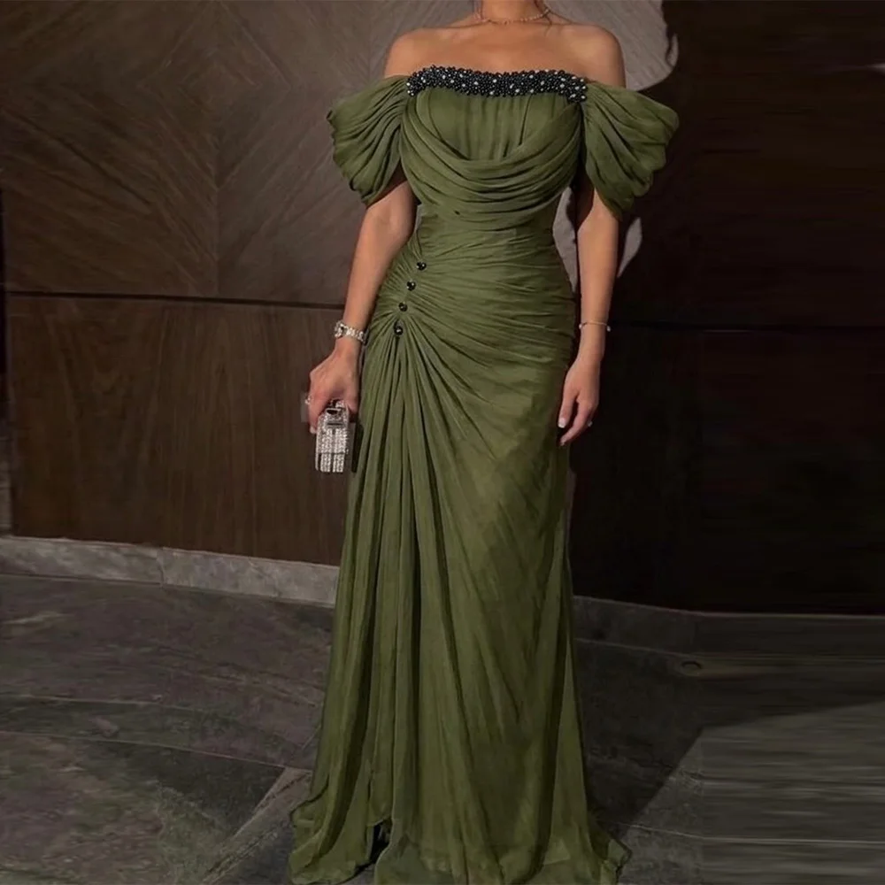 

Customized Off the Shoulder Short Sleeves Evening Dress Elegant Mermaid Celebrity Gowns High Quality Beading Party Dress