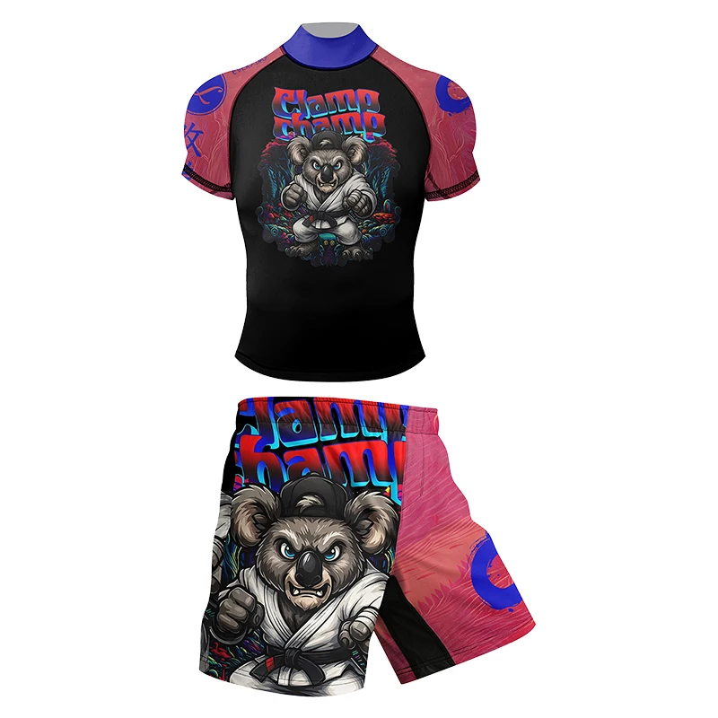 كودي لوندين عالية الرقبة طفح الحرس MMA السراويل + طماق 4/قطعة مجموعات الصالة الرياضية اللياقة البدنية ضغط ارتداء الرجال MMA Rashguard مع المطاط مكافحة