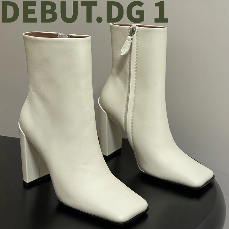 F/W 2025 Square Toe Chunky Heel Ankle Boots Side Zipper Calfskin Leather Upper Genuine Leather Sole Minimalist Booties